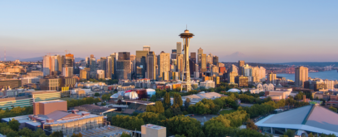 Aerial view of Seattle, Washington at dusk